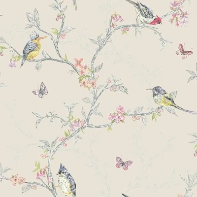 Imagen de Papel pintado Holden Decor con diseño de pájaros y árbol, 10 x 0,65 m, beige