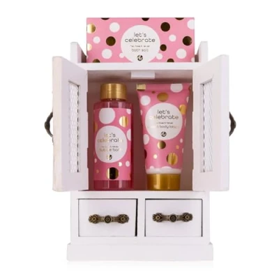 Imagen de Accentra Set de regalo para mujer Let&#039;s Celebrate con baño burbujas, loción corporal y sales en un mueble decorativo madera Bienestar mujeres cumpleaños San Valentín