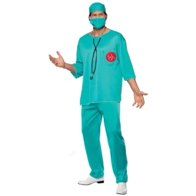 Imagen de Smiffys Disfraz de cirujano, verde, con túnica, pantalones, gorro y mascarilla