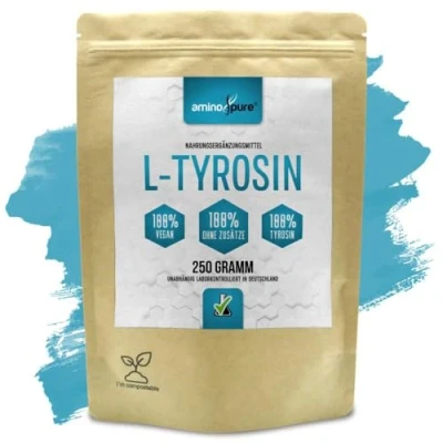 Imagen de aminopure® tirosina en polvo pura L sin aditivos Fermentación de maíz (libre OGM) 100% vegano y libre sustancias nocivas laboratorio 250 gramos