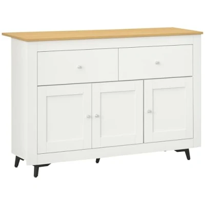 Imagen de HOMCOM Aparador de Cocina Mueble Auxiliar TV con 2 Cajones 3 Puertas y Estante Ajustable para Comedor Salón 117x35x80 cm Blanco