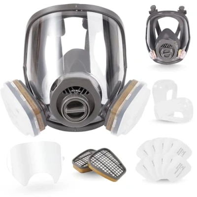 Imagen de 25 in 1 Mascara de Gas Completa, Mascarilla Antipolvo, Pintura, Protección Respiratoria con Filtro para Vapores Orgánicos, Gases Ácidos, Fumigar, 10 Tapas Lente Regalo