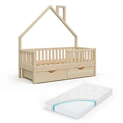 Imagen de VitaliSpa Cama en Forma de casa Noemi, Madera Natural, 80x160 cm con 2 cajones y colchón