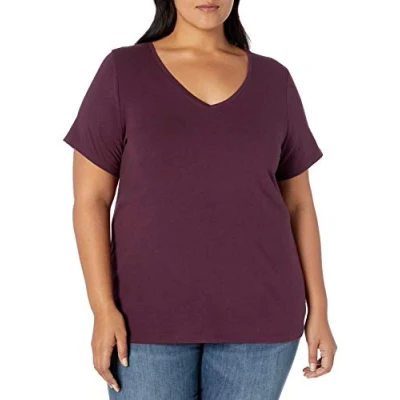 Imagen de Amazon Essentials Camiseta de manga corta y cuello en pico (disponible tallas grandes) Mujer, Burdeos, 3XL Grande