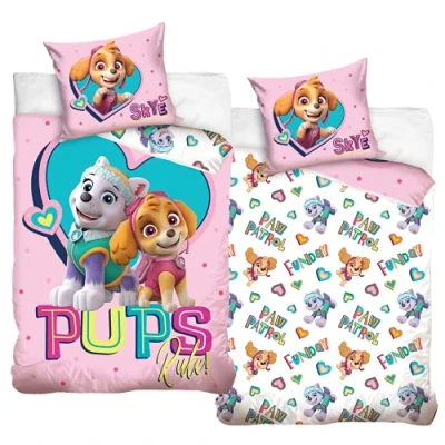 Imagen de Ropa de Cama la Patrulla Canina, Funda nórdica 135 x 200 cm y 80 cm, 100% algodón en Rosa, Infantil para niñas, Skye &amp; Everest
