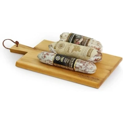 Imagen de Paquete de regalo tríptico del gusto 1 Salame Campagnolo 270 g + Salamo Gran Filete 170 con vino espumoso Lombardia tabla acacia.