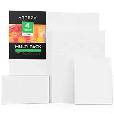 Imagen de Arteza lienzos para pintar cuadros 50x50, 30x40, 20x25 y 25x15 cm Pack de 4 variados 100% algodón Imprimación sin ácidos profesionales, aficionados principiantes