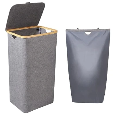 Imagen de Lannvan Cesto Ropa Sucia, 100L Sucia con Tapa, Plegable Bolsa Interior Desmontable, Cubo Laundry Basket Asas de Bambú (Gris)