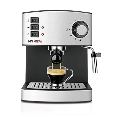 Imagen de Minimoka Cafetera espresso 2 cacillos para 1 o cafés 15 bar 850W Vaporizador 1.6L Café molido monodosis Bandeja calienta tazas Filtro Extra Cream Inox