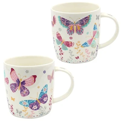 Imagen de Dekohelden24 Juego de 2 tazas café porcelana Diseño: mariposas coloridas Tamaño H/Ø: 9 x 8 cm, capacidad 270 ml, apto para lavavajillas