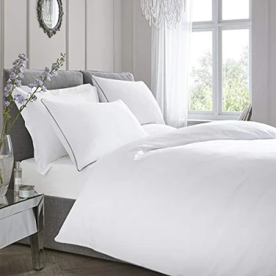 Imagen de Appletree 200TC Plain Dye Funda nórdica de algodón Puro, Blanco con Borde Ribeteado Plateado, Matrimonio Grande