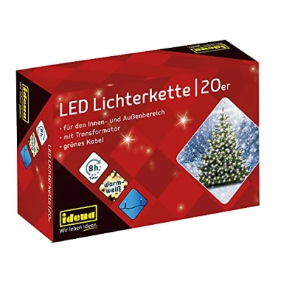 Imagen de Idena 8325052 Cadena de luces LED con 20 LEDs en blanco cálido, función temporizador 8 horas y transformador, para uso interiores exteriores, fiestas, navidad, decoración, bodas