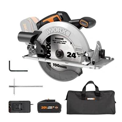 Imagen de Sierra circular Brushless 20V WORX PowerShare WX520 Incluye 1 batería 2Ah y cargador Motor sin escobillas, corte a bisel, base de aluminio, empuñadura ergonómica