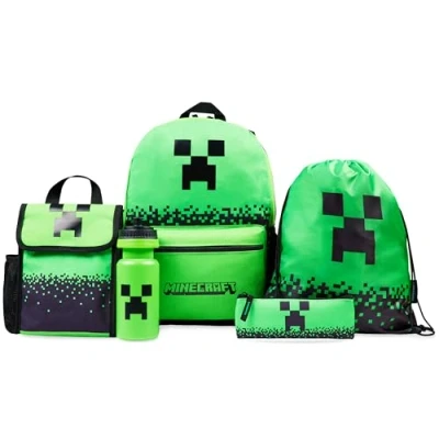 Imagen de Minecraft Mochila Escolar Set de 5 Piezas Botella Agua Bolsa Almuerzo Estuche Infantil Cuerdas o Llavero Correa con Cordón Material (Verde)