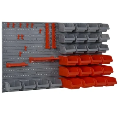 Imagen de DURHAND Organizador de Herramientas Pared 44 Piezas 95x54 cm Estantería para con 28 Cajas Apilables y Diferentes Ganchos Gris Rojo