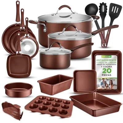 Imagen de NutriChef set bateria cocina 20 piezas, Profesional, Induccion, Utensilios, Baking set, Juego ollas, Sartenes, Antiadherentes, Seguros para a gas, Electrica, Facil limpieza. Color marron