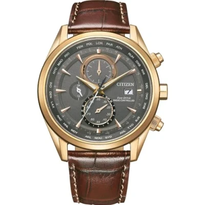 Imagen de Citizen Reloj Eco Drive Radiocontrolado AT8263 10H Cronógrafo de Acero Chapado en Oro Rosa con Correa Piel