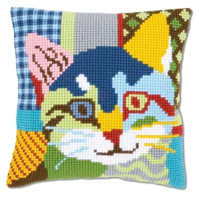 Imagen de Vervaco Kreuzstichkissen Katze, Patchwork Stil, Stickbild vorgezeichnet Kit de cojín Punto Cruz, diseño Gato, Algodón, Colores Variados, ca. 40 x cm / 16&quot;