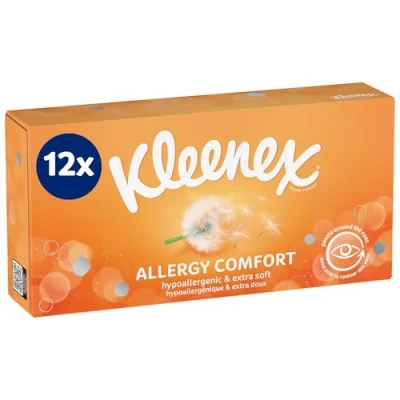 Imagen de Kleenex Caja Allergy pañuelos de papel Hipoalergénicos óptimos para limpiar los moqueos y ojos llorosos 12 cajas 56 servicios, Total 672