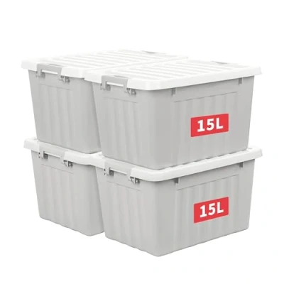 Imagen de Cetomo 15L*4 Cajas de Almacenamiento con Tapas, Contenedores Plástico Broches Enganche, Clip On, Apilables, Encajables, Organizador Rayado para Ropa Juguetes Armario, Gris, 15L 4 Pack