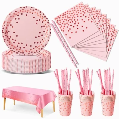 Imagen de Nkaiso Vajilla de Fiesta,126 Piezas Rosa y Oro Puntos Dorados,Set Juego Platos Cubiertos, cubertería cartón, Vasos servilletas,para cumpleaños,Aniversarios (25 Invitados)