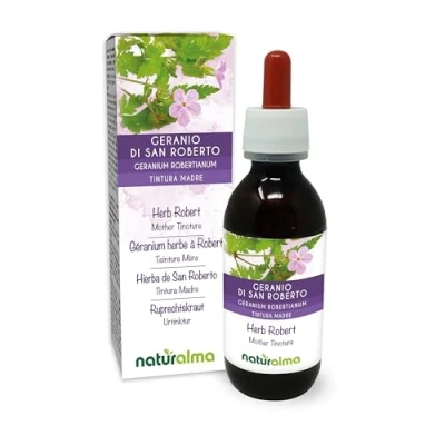Imagen de hierba de San Roberto o Geranio robertiano (Geranium robertianum) con flores Tintura Madre sin alcohol Naturalma Extracto líquido gotas 120 ml Complemento alimenticio Vegano