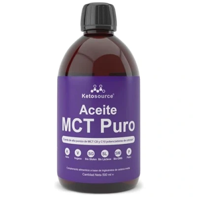 Imagen de Ketosource® Aceite MCT Puro Fuente de alta pureza C8 y C10 que aumentan las cetonas Apoya la nutrición Keto el ayuno Vegano Seguro Sin Gluten Botella 500ml