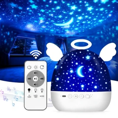 Imagen de Proyector Estrellas Infantil, 22 Temas Luz Nocturna 360 Rotació Bebes Luces y Musica, con Control Remoto Temporizador, Recargable Quitamiedos Regalos para