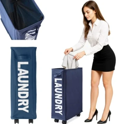 Imagen de BAKAJI Cesto para la ropa sucia colada, delgado, ahorra espacio, plegable, de tela, decoración, con cierre malla, mango y 4 ruedas, tamaño 39 x 20 56 cm (azul)