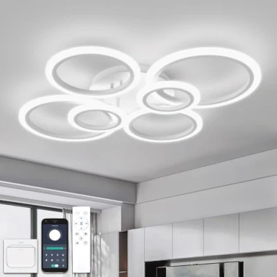 Imagen de Lampara Led Techo con Mando a Distancia y APP, Plafones de 6 Anillos, Regulable, Función Memoria Luz Temporizador, Moderna Salon Lobby Dormitorio Oficina, Blanco