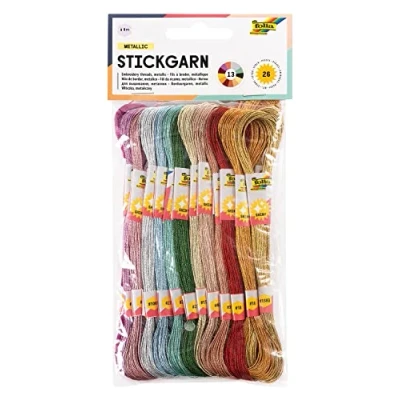 Imagen de folia 23994 Hilo de bordar metálico, 100% poliéster, 26 muelles 8 m en 13 colores metálicos brillantes, para bordar, anudar y hacer manualidades