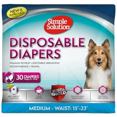 Imagen de Simple Solution True Fit Pañales desechables para perras, superabsorbentes, con indicador de humedad, multicolor, M (cintura 15 23 pulgadas), 30 unidades