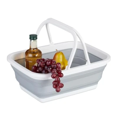 Imagen de Relaxdays Cesta Plegable con Asa, Cestita Portátil Compra, Camping, Comprar y Pícnic, 15,5 x 38,5 28,5 cm, Gris/Blanco