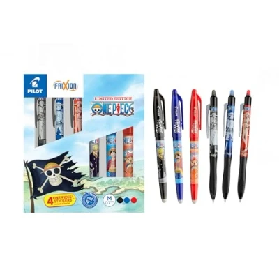 Imagen de PILOT x One Piece Estuche de coleccionista 3 FriXion Ball + Plus 4 Stickers Bolígrafos borrables Edición limitada Recargables Negro, Azul, Rojo Punta media