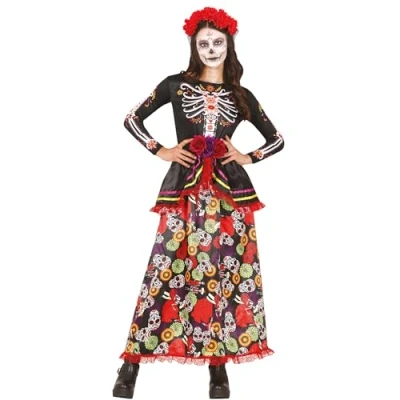 Imagen de FIESTAS GUIRCA Disfraz de Catrina Vestido Largo con Estampado Calaveras y Diadema Flores para Mujer Adulta Talla S 36 38