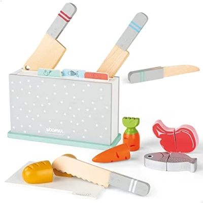 Imagen de WOOMAX Tabla de Cortar Madera para Niños, Cuchillos Juguete, Comida, Juguetes Hogar, 13 Piezas, +2 Años, 49329