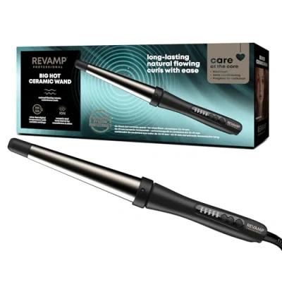 Imagen de REVAMP Progloss Big Hot Wand Rizador de Pelo Cónico Tenacilla con Barril Cerámica Grande para Rizos Y Ondas, Calentamiento Rápido, Temperatura Regulable, Apagado Automático, Black