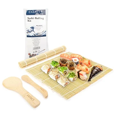 Imagen de Exzact Kit de bambú para enrollar sushi 4 piezas 2 x esteras, 1 paleta arroz, esparcidor Todo natural (EX SR04)