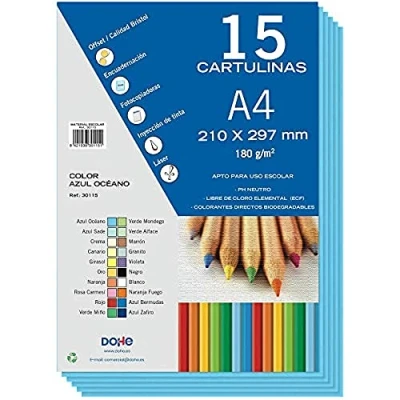 Imagen de Dohe Cartulinas A4 Azul Océano para Manualidades e Impresión (15 uds.) 21x29,7 cm 180 g/m² Material de oficina