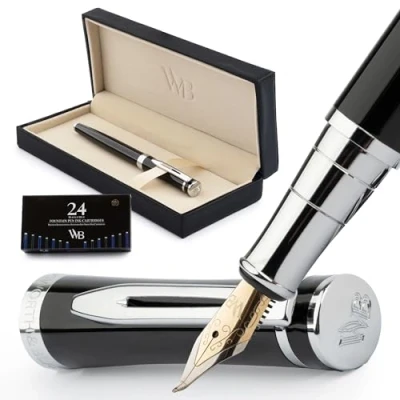 Imagen de Wordsworth &amp; Black Juego de plumas estilográficas, punta curvada, incluye 24 cartuchos tinta, convertidor recarga tinta y estuche regalo, acabado cromado, para caligrafía, cromado negro