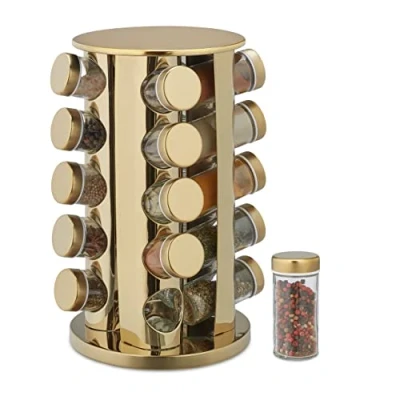 Imagen de Relaxdays Especiero Giratorio con 20 Botes, Dosificadores, Rotatorio 360º, Soporte Especias Acero Inoxidable, Dorado, 33,5 x 23 cm