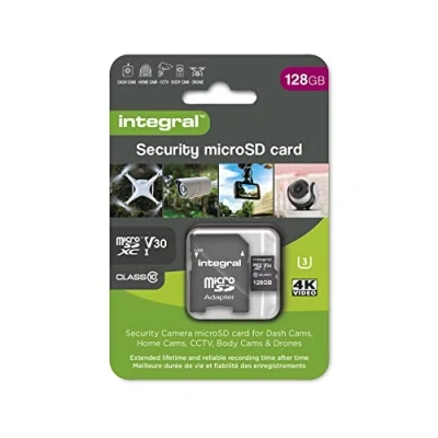 Imagen de Integral tarjeta de seguridad Micro SD 128GB para dash cams, cámaras domésticas CCTV corporales y drones. Vida útil prolongada grabación confianza en todo momento, alta resistencia