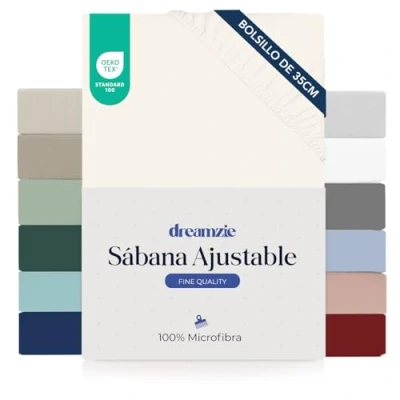 Imagen de Dreamzie Sabanas 90x190 cm Esquinas de 35 para Colchones Gruesos 100% Microfibra, Blanco, Certificada sin Productos Químicos (Oeko Tex), Bajeras Completamente Elásticas