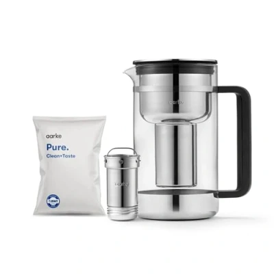 Imagen de Aarke Purifier Grande, Jarra Filtrante de Agua Fabricada en Vidrio y Acero Inoxidable, 2.8L, Bolsa recambio filtro Pure