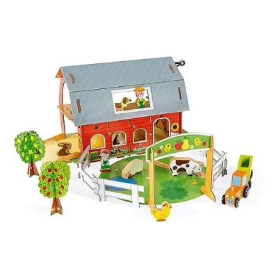 Imagen de Janod Granja de Animales Story 10 Figuritas Madera Animales, Personajes y Vehículos Juguete Imaginación Compatible con Los Raíles Existentes En el Mercado Desde 3 Años, J08577