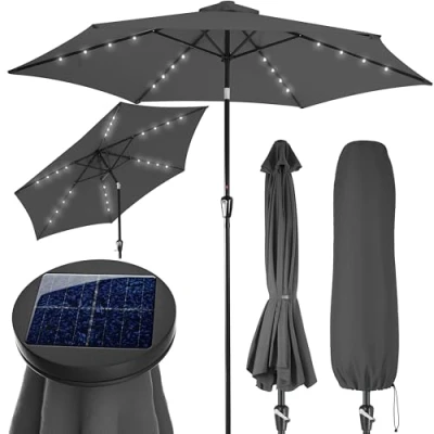 Imagen de Kingsleeve sombrilla de aluminio 300cm con 24 luces LED solar Antracita manivela Parasol inclinable jardín Playa balcón