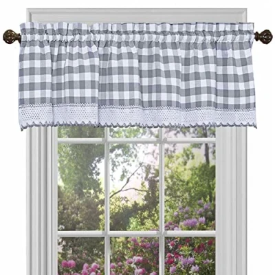 Imagen de Achim Home Decor cortinas de ventana con cenefa cuadros 58 pulgadas ancho, 14 largo, grises y blancos, campo filtrantes luz para dormitorio, sala estar comedor