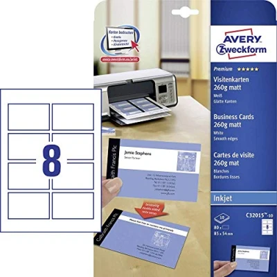 Imagen de Avery Zweckform C32015 10 tarjeta de visita Inkjet Paper 80 pc(s) Tarjetas (Inkjet, Paper, Matte, 260 g/m², 85 mm, 54 mm)
