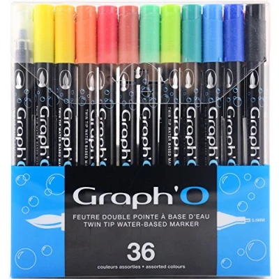 Imagen de GRAPH&#039;O Set de 36 rotuladores a base agua doble punta para dibujo, ilustración y acuarela, extra fina 0,5 mm pincel suave