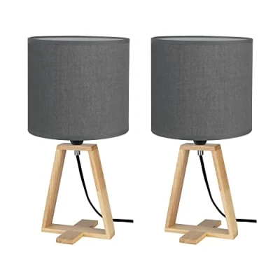 Imagen de FORLIGHT Nuts Lámpara de Mesa Estilo Nórdico. para Mesita Noche Madera Natural y Textil Color Gris Dormitorio Salón. E27